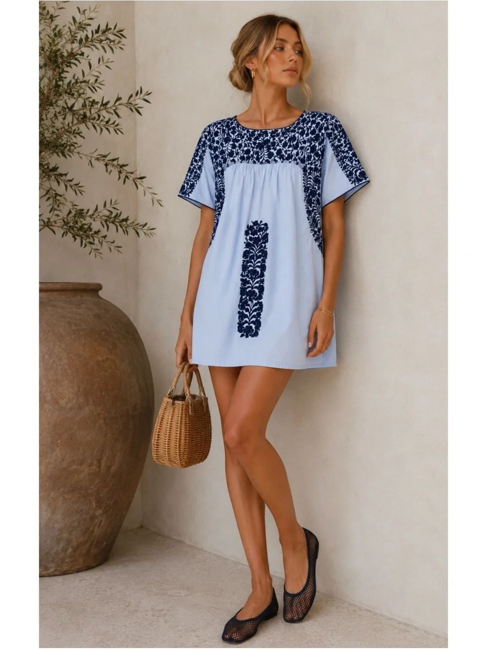 J.Marie  Mini Dress with Navy Embroidery Size XS